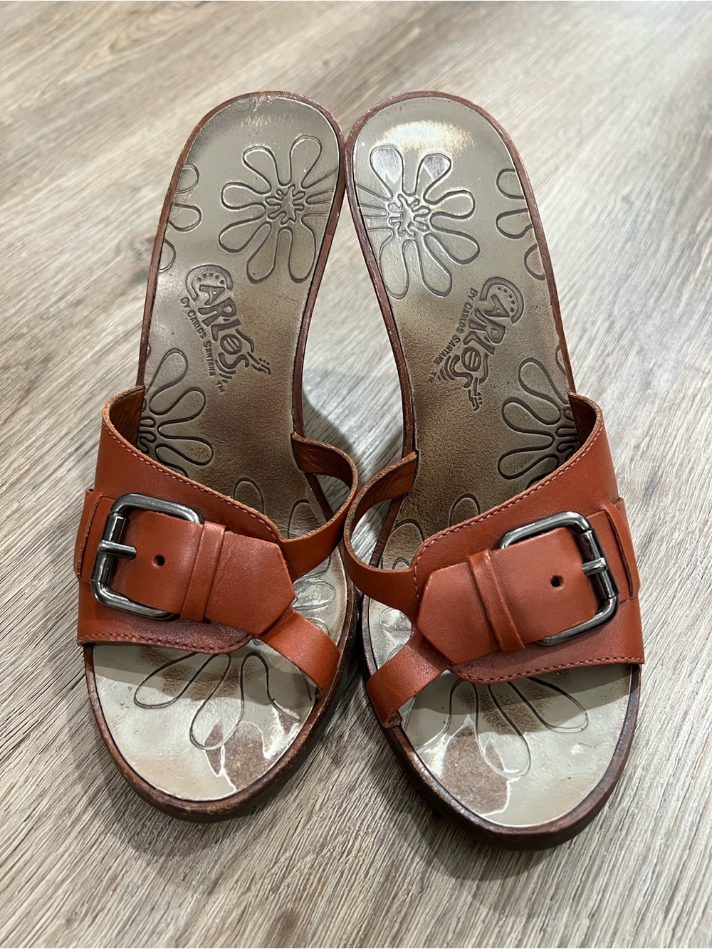 Carlos Santana Burnt Orange Leather Buckle High-Heel Sandals
